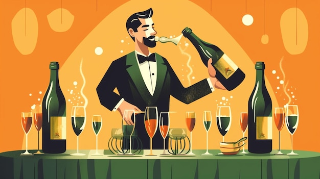 Barman nalewający szampana lub wino do kieliszków do wina na stole w restauracji sol Generative AI