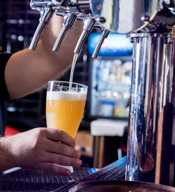 Barman Nalewania Piwa Beczkowego Na Szklanki W Barze. Restauracja.