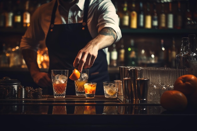 Barman przygotowujący koktajl przy liczniku baru, barman nalewający i podający napoje alkoholowe w barze, AI generowane
