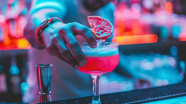 Barman robi koktajl w barze Barman w pubie blisko o koktajl na stole