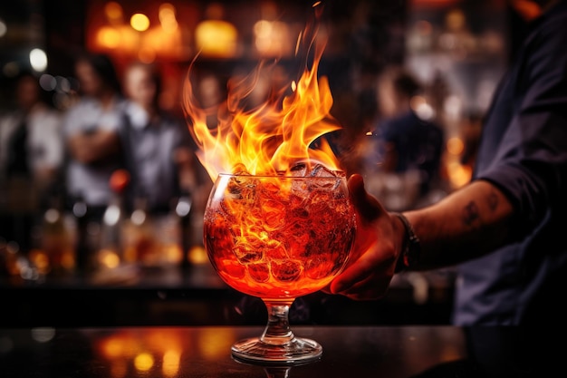 Barman robi koktajl w klubie nocnym Koktajl w ogniu Szklanka ognistego koktajlu na liczniku baru na tle barmanów ręce z ogniem AI generowane