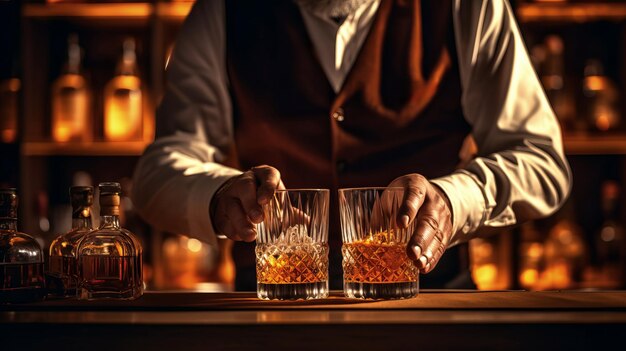 Zdjęcie barman serwuje whisky na drewnianym barze przyjemna atmosfera