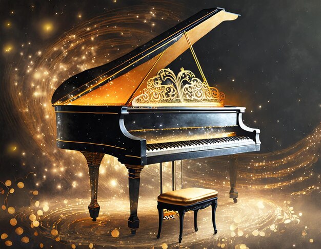 Barokowa sztuka graficzna fortepianu wielkiego na abstrakcyjnym czarnym tle ze złotymi światłami
