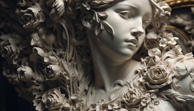 Barokowe posąg żałującej kobiety modlącej się ozdobiony kwiatami wygenerowanymi przez sztuczną inteligencję