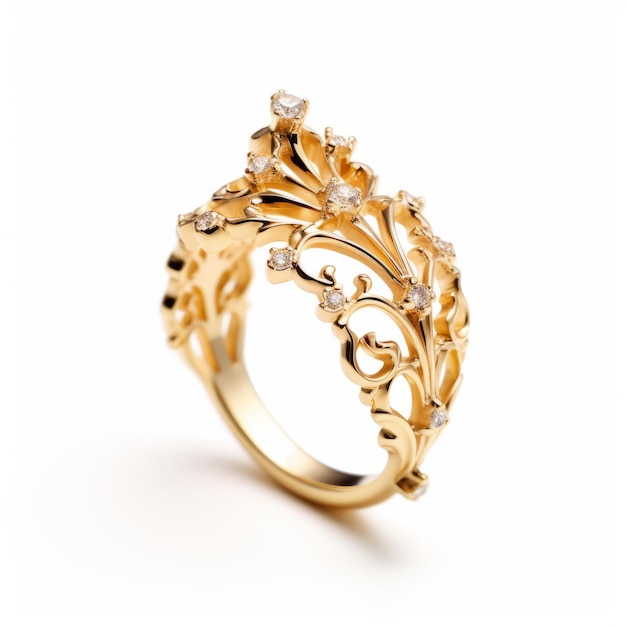Barokowy złoty pierścionek z białymi diamentami