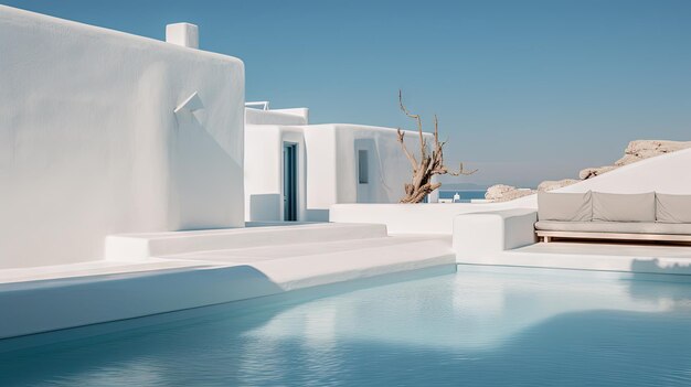 Basen hotelowy w słoneczny dzień z niebieską wodą i białymi budynkami Architektura kurortu z basenem