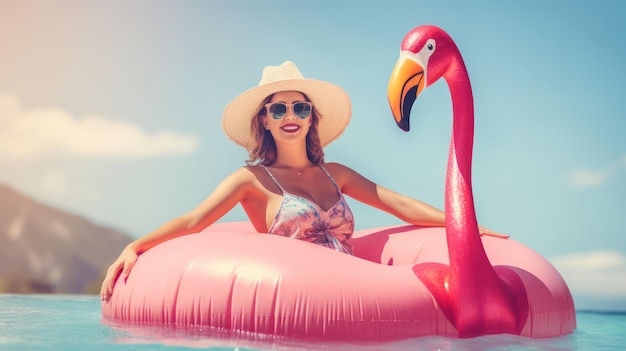 Basen letni relaks kobieta w kostiumie kąpielowym opala się leżąc na różowym flamingu