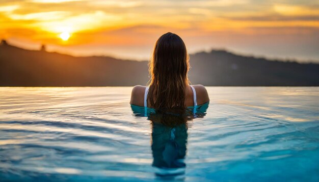 basen nieskończoności relaks spokojność długie włosy z tyłu widok otwarty tył kaukaska kobieta pływająca lei