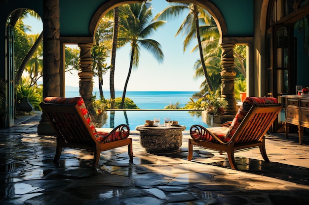 basen przed palmami plażowymi i krzesłami