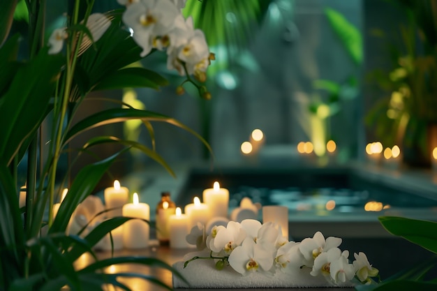 Basen spa ze świecami i kwiatami