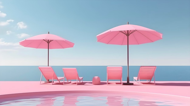 Basen z parasolem plażowym i krzesłami Koncepcja różowych wakacji letnich AI generowane