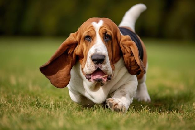 Basset hound biegający po trawie w słoneczny dzień AI Generated