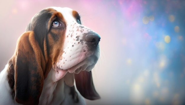 Basset Hound Pies Średni strzał Biały Różowy Niebieski Magiczny Fantasy Bokeh Generacyjna sztuczna inteligencja