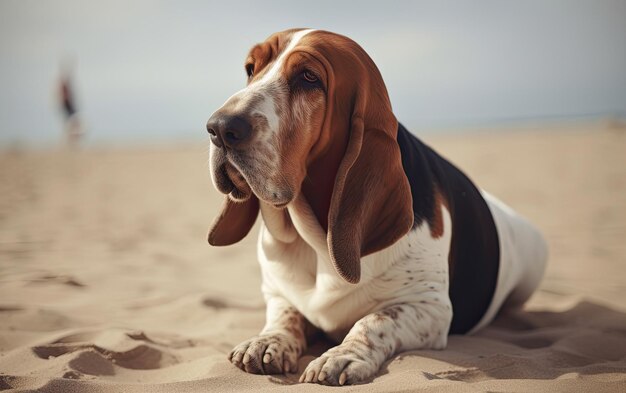 Basset hound siedzi na plaży profesjonalny post reklamowy zdjęcie ai generowane