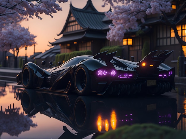 Batman Batmobil w Kioto o zachodzie słońca