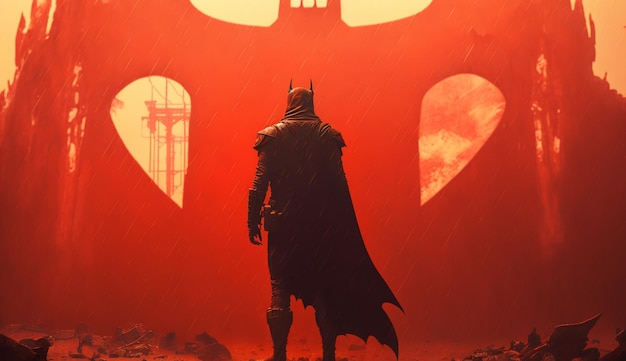 Batman stojący na czerwonym tle z sztuczną inteligencją generującą cień w kształcie serca