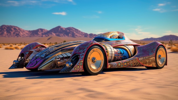 Batmobil jest pomalowany w kolorowe wzory na pustyni.