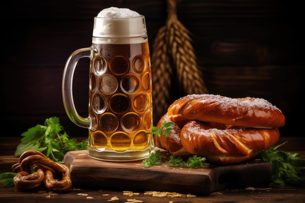 Bawarski Oktoberfest precel z Niemieckim piwem na piwnej beczce