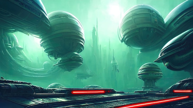 Baza statku kosmicznego Fantasy City legendarny statek kosmiczny na planecie w kosmosie Neonowe światła oświetlają miasto przyszłości science fiction ilustracja 3d