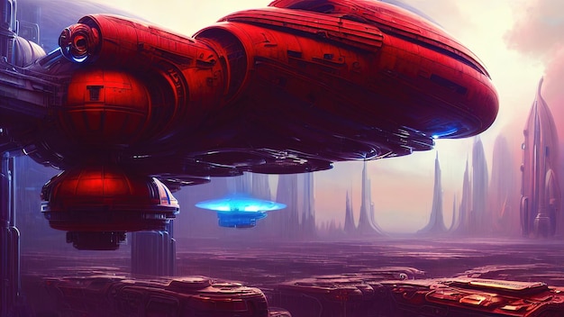 Baza statku kosmicznego Fantasy City legendarny statek kosmiczny na planecie w kosmosie Neonowe światła oświetlają miasto przyszłości science fiction ilustracja 3d