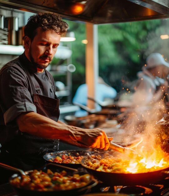 BChef gotowanie jedzenia w płonącej patelni w kuchni komercyjnej