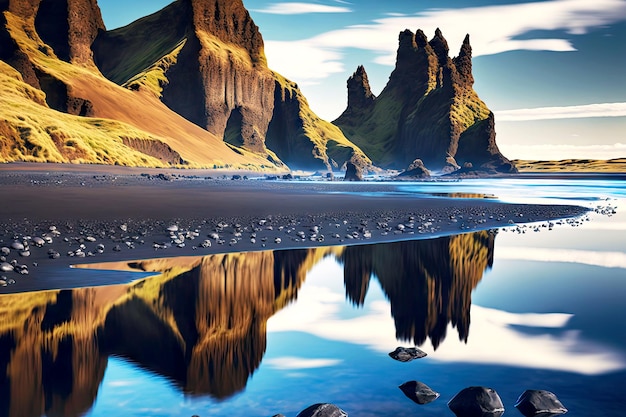 Beaful naturalny krajobraz islandzkiej plaży z odbiciem skał w wodzie