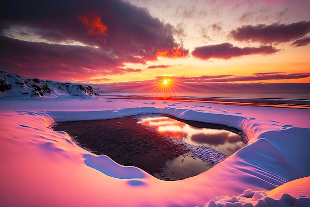 Beaful różowy pomarańczowy zachód słońca na pokrytej śniegiem plaży Islandii