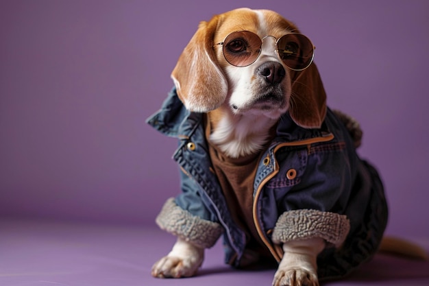 Zdjęcie beagle noszący ubrania i okulary przeciwsłoneczne na fioletowym tle