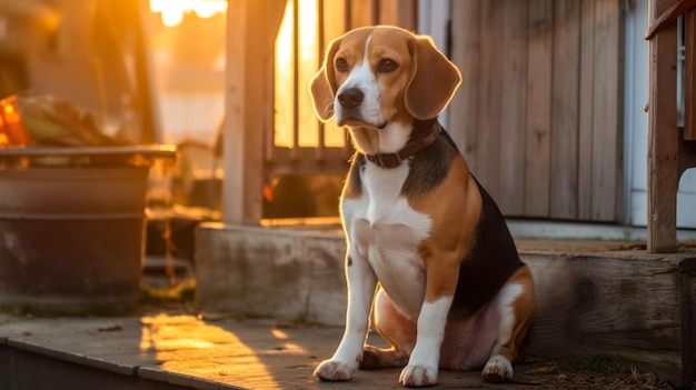 Beagle siedzący na werandzie domu i czekający na właściciela Światowy Dzień Zwierząt wygenerowany przez sztuczną inteligencję