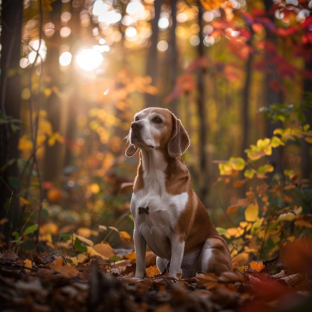 Beagle siedzący wdzięcznie w bujnym lesie otoczonym zielenią