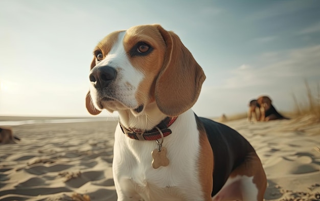 Beagle siedzi na plaży profesjonalny post reklamowy zdjęcie ai generowane