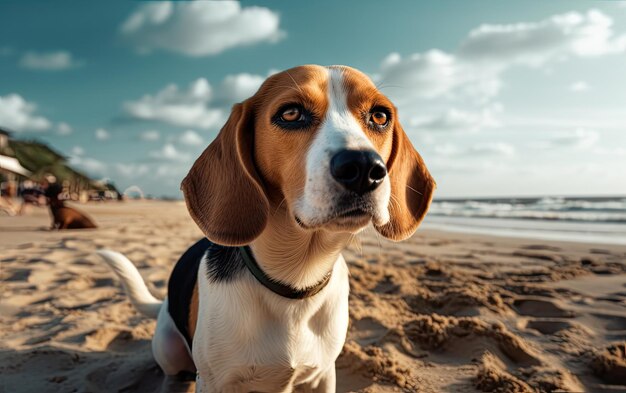 Beagle siedzi na plaży profesjonalny post reklamowy zdjęcie ai generowane