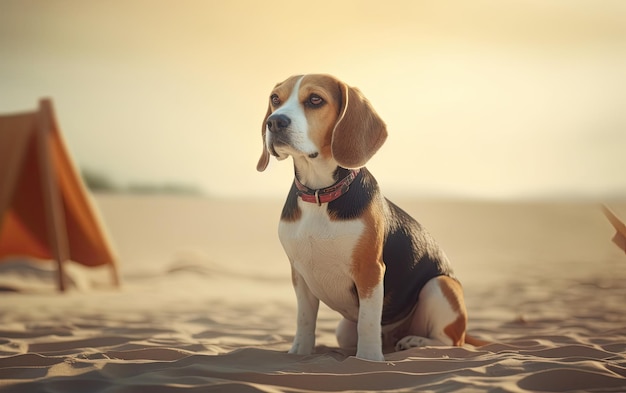 Beagle siedzi na plaży profesjonalny post reklamowy zdjęcie ai generowane