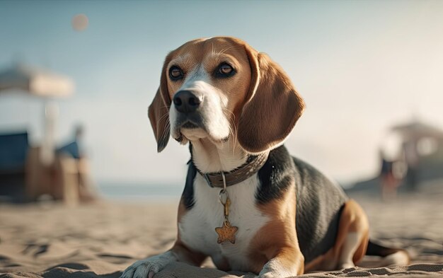 Beagle siedzi na plaży profesjonalny post reklamowy zdjęcie ai generowane