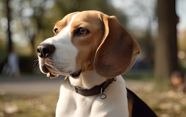 Zdjęcie beagle siedzi na trawie w parku.