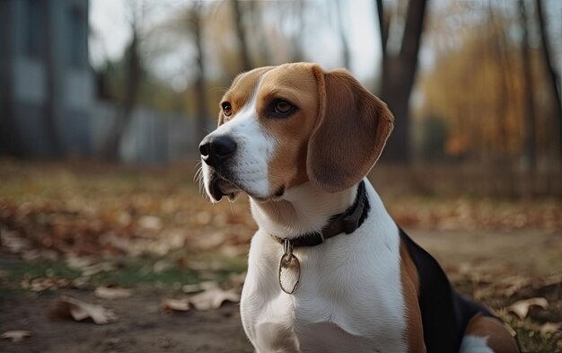 Beagle siedzi na trawie w parku.