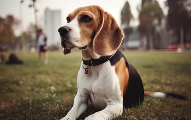 Zdjęcie beagle siedzi na trawie w parku.