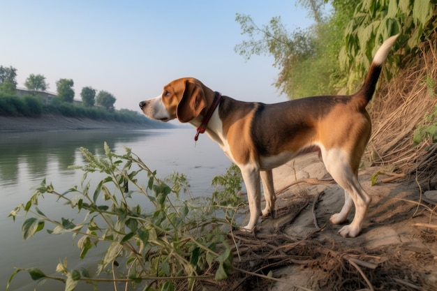 Beagle skupił się na zapachu w pobliżu brzegu rzeki stworzonego za pomocą generatywnego AI