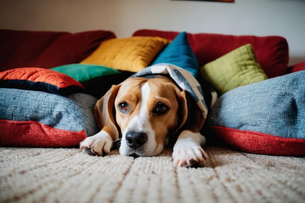 Beagle szczęśliwie marzy wewnątrz poduszki fort wykonany z poduszek kanapy i koców na podłodze