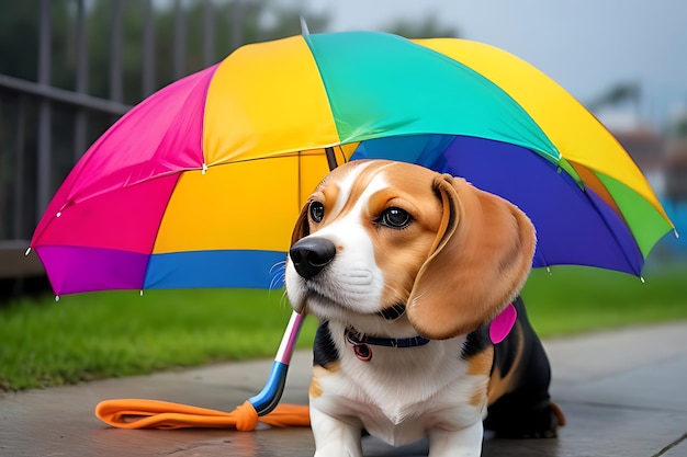 Zdjęcie beagle z kolorowym parasolem
