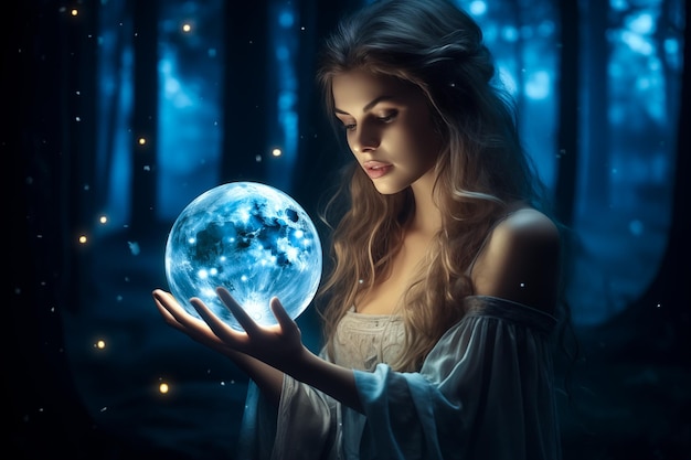 Zdjęcie beautiful girl on a night with a magic ball astrology and zodiac concept generative ai