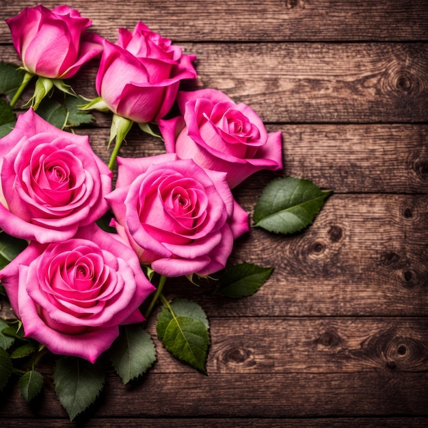 Zdjęcie beautiful hot pink roses on wooden background