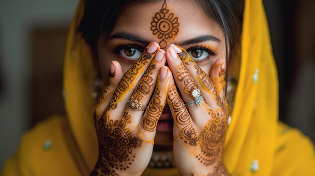 Zdjęcie beautiful indian girl young hindu woman model with tatoo mehndi and kundan jewelry traditional indian costume yellow saree indian or muslim woman covers her face generative ai