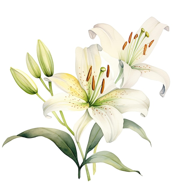 Beauty Lily Miękkie akwarele roślinne na wyraźnym białym płótnie, idealne do następnego projektu DIY