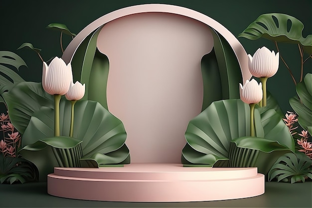 Beauty Spa różowe tło Podium do wyświetlania produktów z kwiatami lotosu Generative AI