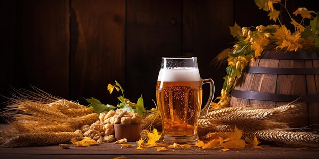 Beczka piwa i szklanka piwa z pszenicą i chmielem na drewnianym stole