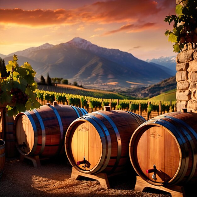 Zdjęcie beczki i beczki wina przeciwko turystycznej winnicy winiarskiej