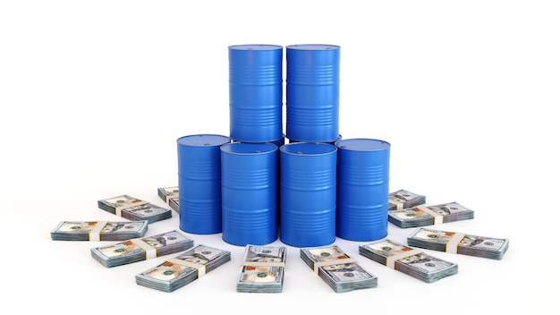 Beczki z ropą naftową i banknoty dolarowe na rynku ropy naftowej przemysł naftowy Renderowanie 3D