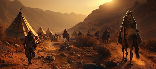 Zdjęcie beduini i ich nomadyczny sposób życia na pustyni z namiotami, wielbłądami i tradycyjnymi ubraniami
