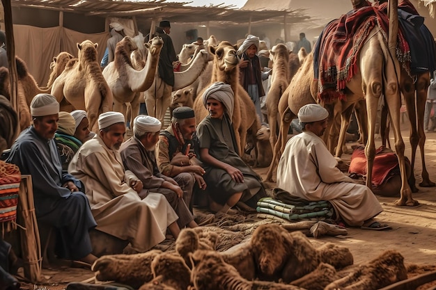 Beduini i wielbłądy na bazarze Wygenerowana przez sztuczną inteligencję sieć neuronowa